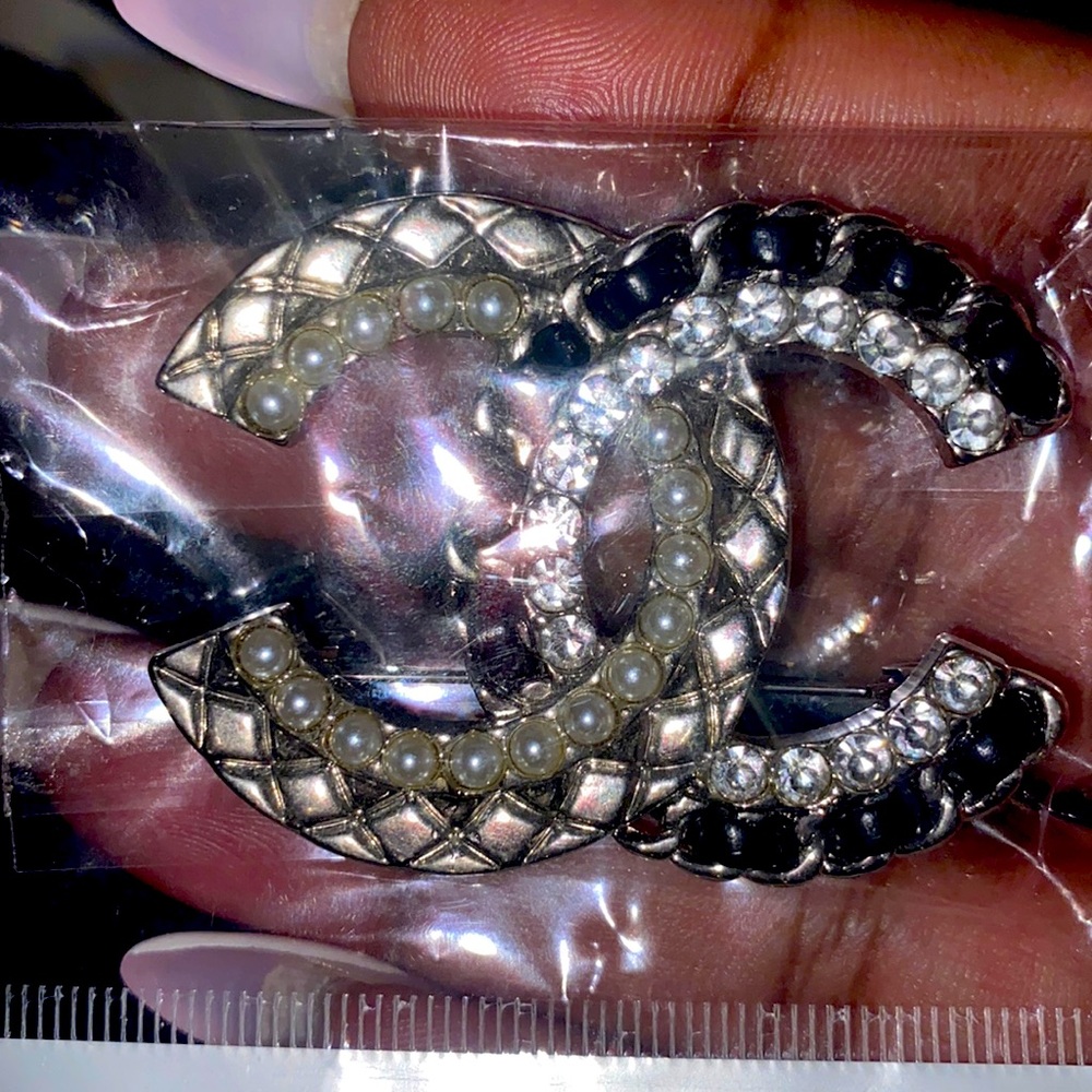 Cc brooch with faux pearl and stone accents